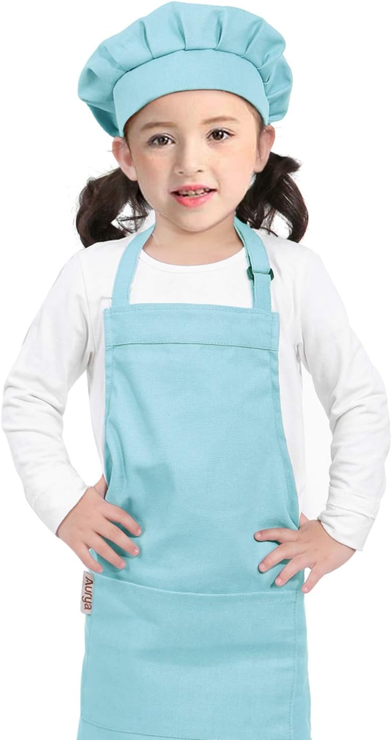 Aurya Kids Apron and Chef Hat Set-Adjustable Child Apron for Boys and Girls for Cooking Baking Light Blue - Image 5