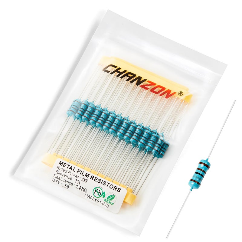CHANZON 50 قطعة 1 واط 1.8 كيلوأوم مقاوم ثابت من فيلم معدني 0.01 ±1% تحمل 1.8K R MF مقاومات ثقب مرور معتمدة من روهس - Image 1