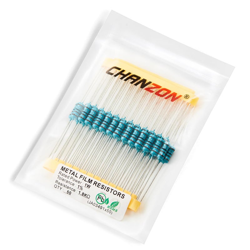 CHANZON 50 قطعة 1 واط 1.8 كيلوأوم مقاوم ثابت من فيلم معدني 0.01 ±1% تحمل 1.8K R MF مقاومات ثقب مرور معتمدة من روهس - Image 4