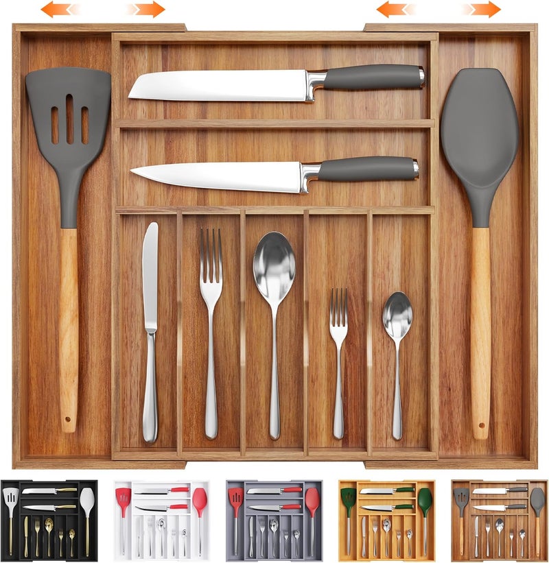 Bellsal Large Premium Acacia Wood Silverware Organizer  Expandable Utensil Drawer Organizer  17x196 Utensil Holder and Cutlery Tray with Grooved for Kitchen Flatware Utensils79 Slot Acacia - Image 1