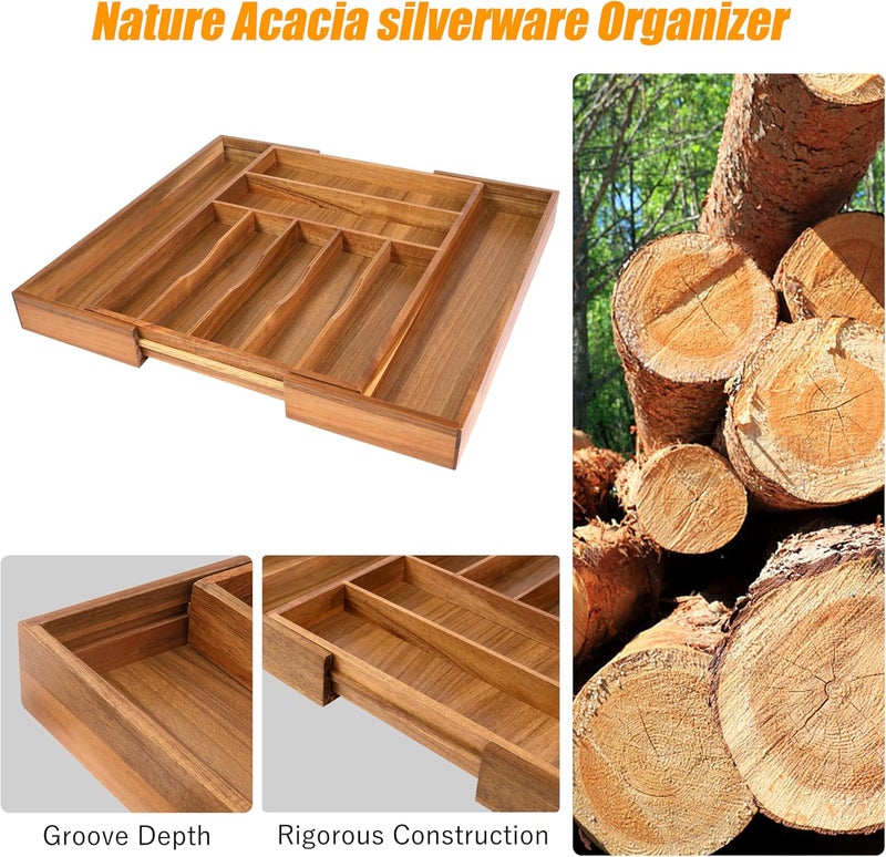 Bellsal Large Premium Acacia Wood Silverware Organizer  Expandable Utensil Drawer Organizer  17x196 Utensil Holder and Cutlery Tray with Grooved for Kitchen Flatware Utensils79 Slot Acacia - Image 4