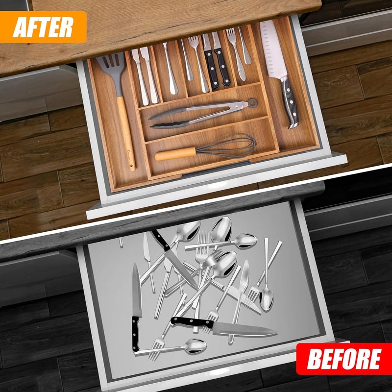 Bellsal Large Premium Acacia Wood Silverware Organizer  Expandable Utensil Drawer Organizer  17x196 Utensil Holder and Cutlery Tray with Grooved for Kitchen Flatware Utensils79 Slot Acacia - Image 3