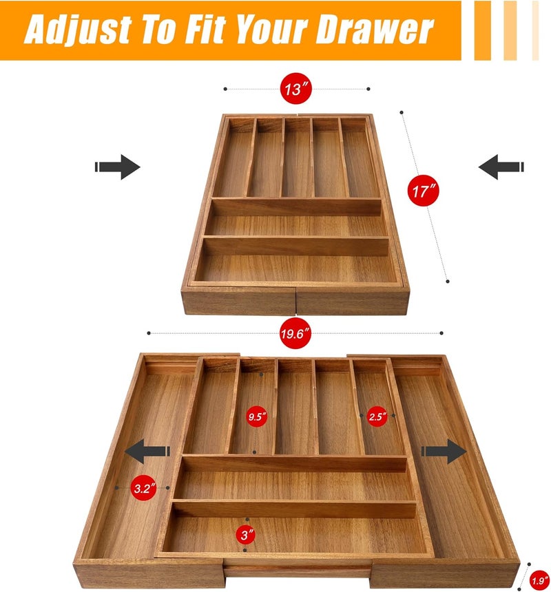 Bellsal Large Premium Acacia Wood Silverware Organizer  Expandable Utensil Drawer Organizer  17x196 Utensil Holder and Cutlery Tray with Grooved for Kitchen Flatware Utensils79 Slot Acacia - Image 2
