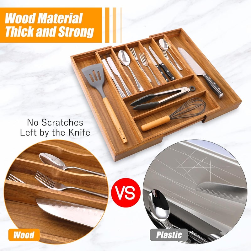 Bellsal Large Premium Acacia Wood Silverware Organizer  Expandable Utensil Drawer Organizer  17x196 Utensil Holder and Cutlery Tray with Grooved for Kitchen Flatware Utensils79 Slot Acacia - Image 5