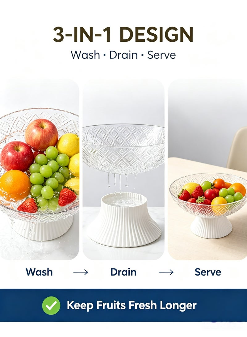 3-in-1 Fruit Bowl with Drainage Base, 9.84" Large Fruit Basket, Wash, Drain & Serve, Food Grade PET, Decorative Kitchen Counter Fruit Holder, White - Image 2