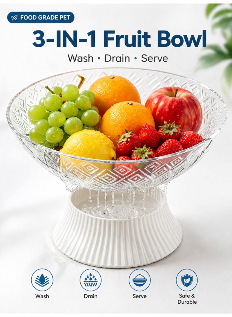 3-in-1 Fruit Bowl with Drainage Base, 9.84" Large Fruit Basket, Wash, Drain & Serve, Food Grade PET, Decorative Kitchen Counter Fruit Holder, White - Image 1