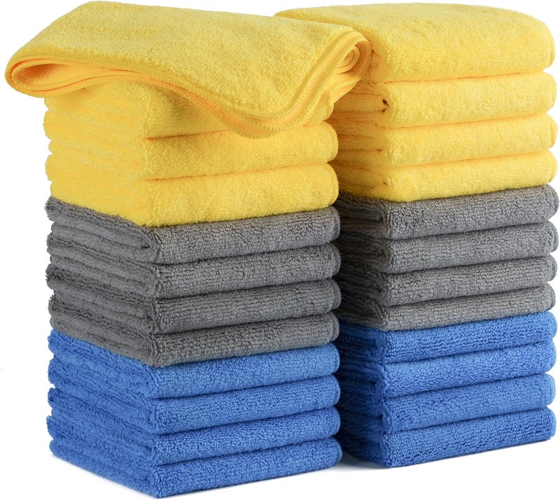 Polyte Premium Microfiber Cleaning Towel, 16x16 in, 24 Pack (Blue, Gray, Yellow) - Image 1