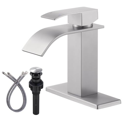 Arcora Waterfall Bathroom Faucet Brushed Nickel: ARCORA Single Hole Bathroom Sink Faucet Mixer Tap with Supply Lines and Pop Up Drain - Image 1