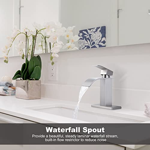 Arcora Waterfall Bathroom Faucet Brushed Nickel: ARCORA Single Hole Bathroom Sink Faucet Mixer Tap with Supply Lines and Pop Up Drain - Image 3