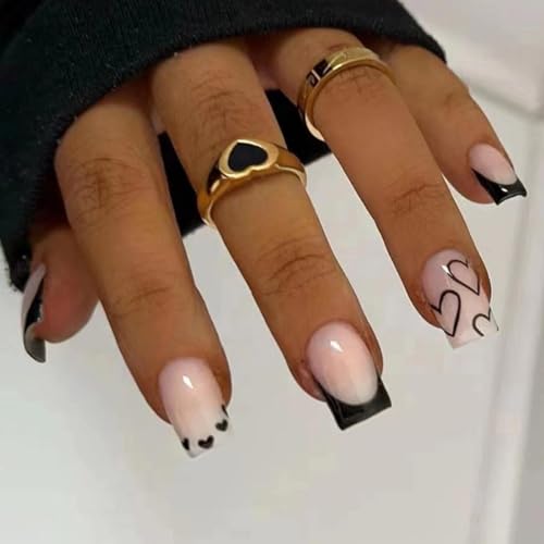 Maigitur French Tip Press on Nails Short Square Fake Nails Black Acrylic Nails with White Heart Design Stick on Nails Artificial Full Cover Glossy Glue on Nails for Women Girls Valentine's Day Manicure 24pcsâ€¦ - Image 1