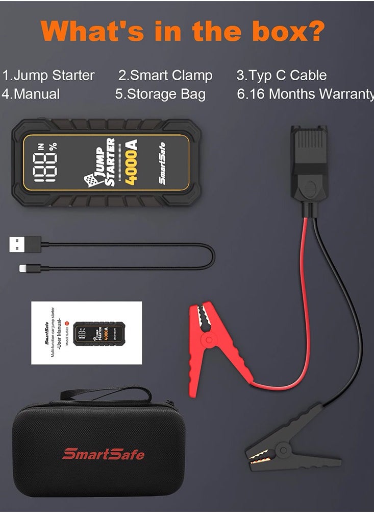SmartSafe - Car Battery Jump Starter Portable 4000A Car Jumper Battery Pack For Up To 10.0l Gas And 8.0l Diesel Engines 12v Jump Box With Usb Ports 5V/2A, Lcd Display Storage Case - Image 1