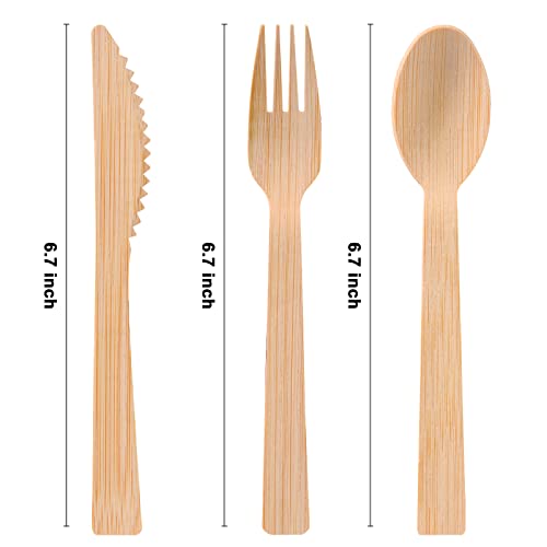 Aowutus Pre Rolled Napkin and Bamboo Cutlery Set - 50Pack Bamboo Utensils/Compostable Cutlery(50 Forks, 50 Knives, 50 Spoons, 50 Napkins), Biodegradable Wrapped Cutlery for Party, Wedding, Events - Image 2