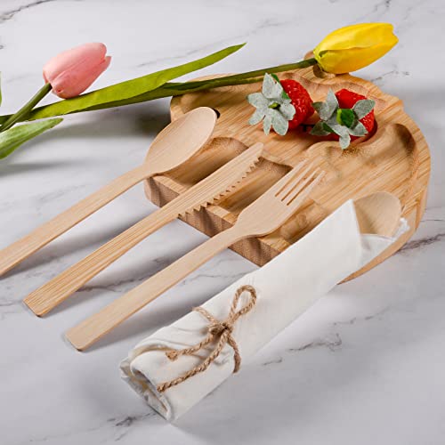 Aowutus Pre Rolled Napkin and Bamboo Cutlery Set - 50Pack Bamboo Utensils/Compostable Cutlery(50 Forks, 50 Knives, 50 Spoons, 50 Napkins), Biodegradable Wrapped Cutlery for Party, Wedding, Events - Image 3