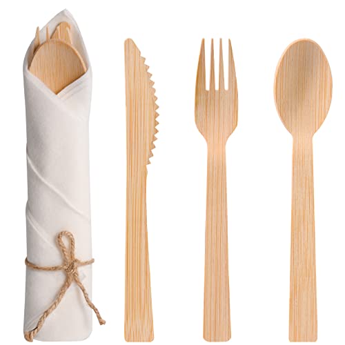 Aowutus Pre Rolled Napkin and Bamboo Cutlery Set - 50Pack Bamboo Utensils/Compostable Cutlery(50 Forks, 50 Knives, 50 Spoons, 50 Napkins), Biodegradable Wrapped Cutlery for Party, Wedding, Events - Image 1