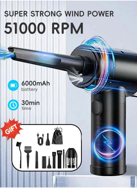 Electric Air Duster and Vacuum 2 in 1, 3-Gear to 51000RPM, 6000mAh Cordless Duster Replaces Air Cans /Pump for Computer Keyboard Camera Car Home Cleaning