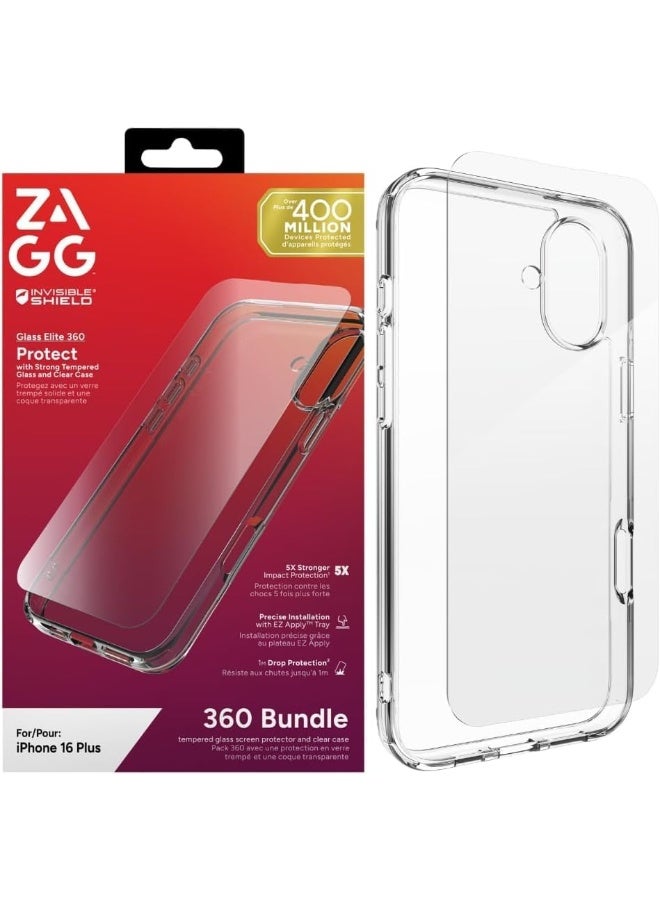 ZAGG InvisibleShield Glass Elite 360 Bundle for iPhone 16 Plus – Tempered Glass Screen Protector & Phone Case, Scratchproof, Smudge-Resistant, Shockproof, Easy Installation Clear - Image 1