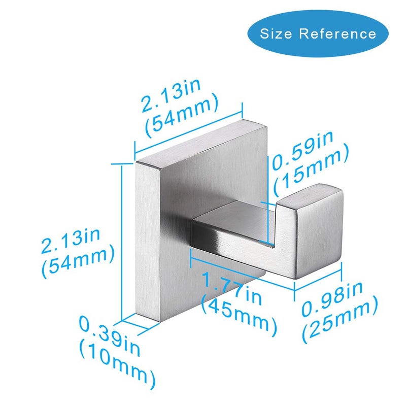 TASTOS Bath Towel Hooks Brushed Nickel, 2 Pack Stainless Steel Robe Coat and Clothes Hook, Heavy Duty Wall Hook for Bathroom & Kitchen, Modern Square Style Wall Mounted (Silver) - Image 5