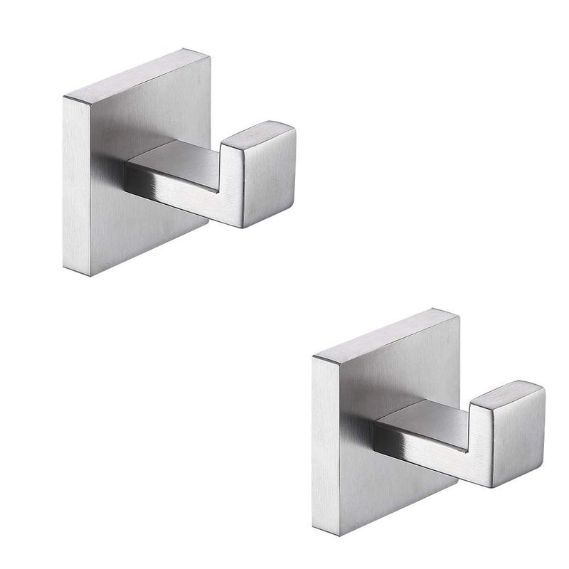 TASTOS Bath Towel Hooks Brushed Nickel, 2 Pack Stainless Steel Robe Coat and Clothes Hook, Heavy Duty Wall Hook for Bathroom & Kitchen, Modern Square Style Wall Mounted (Silver) - Image 1