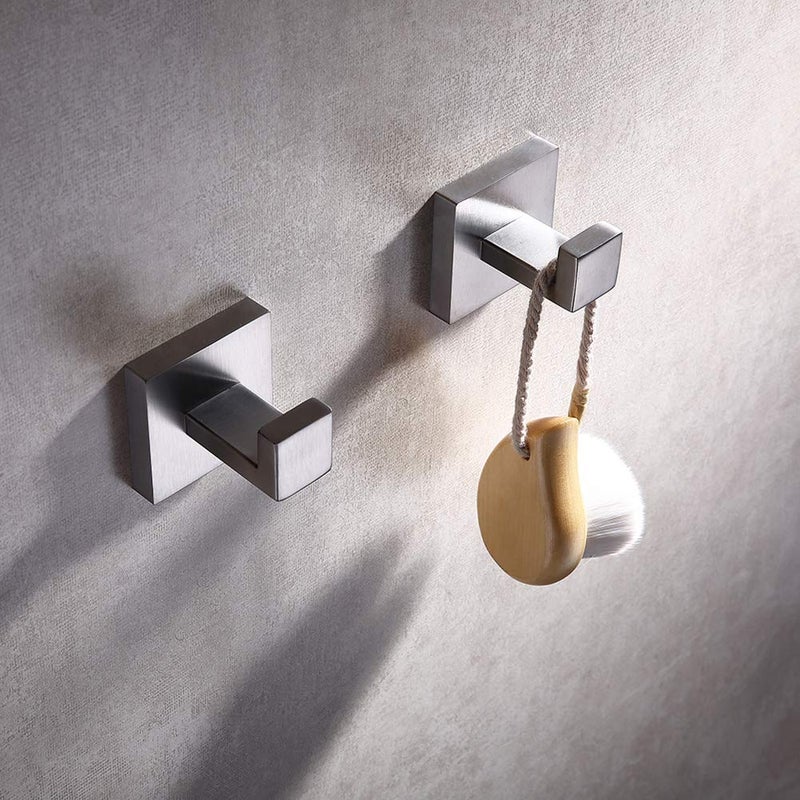 TASTOS Bath Towel Hooks Brushed Nickel, 2 Pack Stainless Steel Robe Coat and Clothes Hook, Heavy Duty Wall Hook for Bathroom & Kitchen, Modern Square Style Wall Mounted (Silver) - Image 4