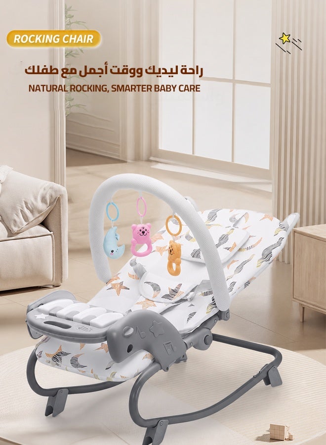 أوميني كرسي هزاز للأطفال بظهر متعدد الوضعيات، قابل للتحويل بين الوضع الهزاز والثابت، مع بيانو موسيقي للقدمين وألعاب معلقة وحزام أمان ومسند رأس - Image 2