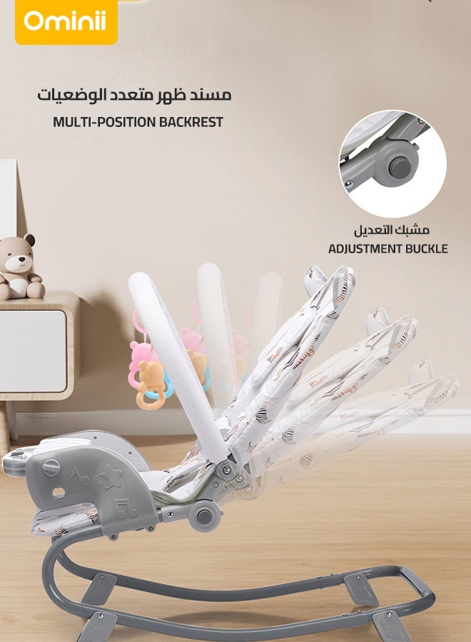 أوميني كرسي هزاز للأطفال بظهر متعدد الوضعيات، قابل للتحويل بين الوضع الهزاز والثابت، مع بيانو موسيقي للقدمين وألعاب معلقة وحزام أمان ومسند رأس - Image 4