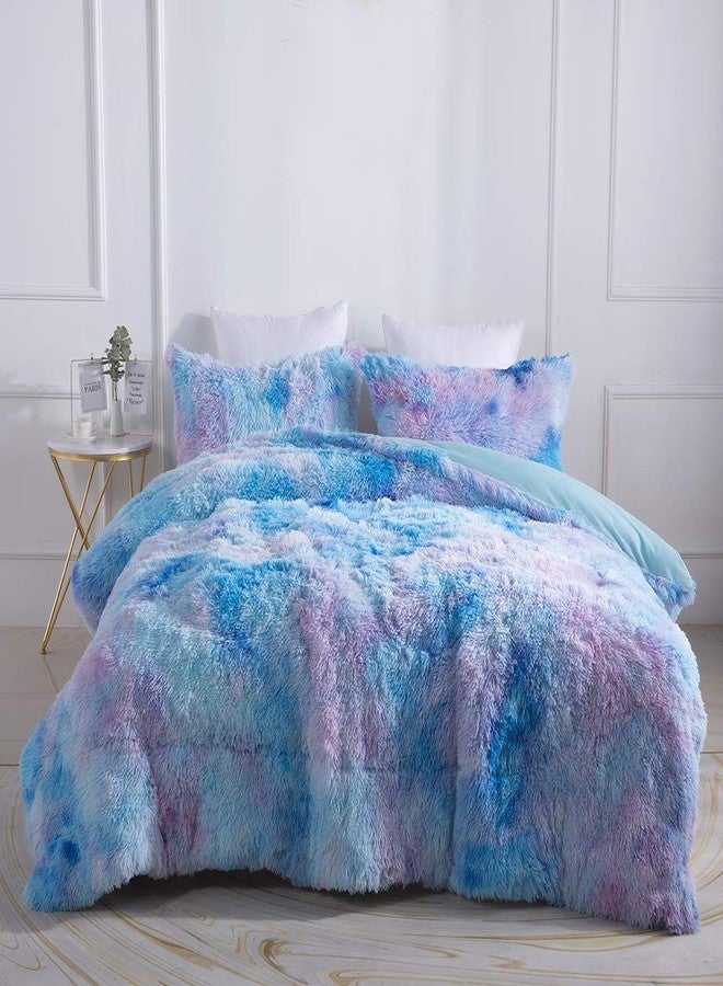 Wajade طقم لحاف واجادي من الفرو الصناعي الفاخر بلون أزرق مجرة، طقم مفروشات ناعم وكثيف - 3 قطع، مقاس كامل/كوين، مصنوع من الألياف الدقيقة الناعمة والدافئة - Image 2
