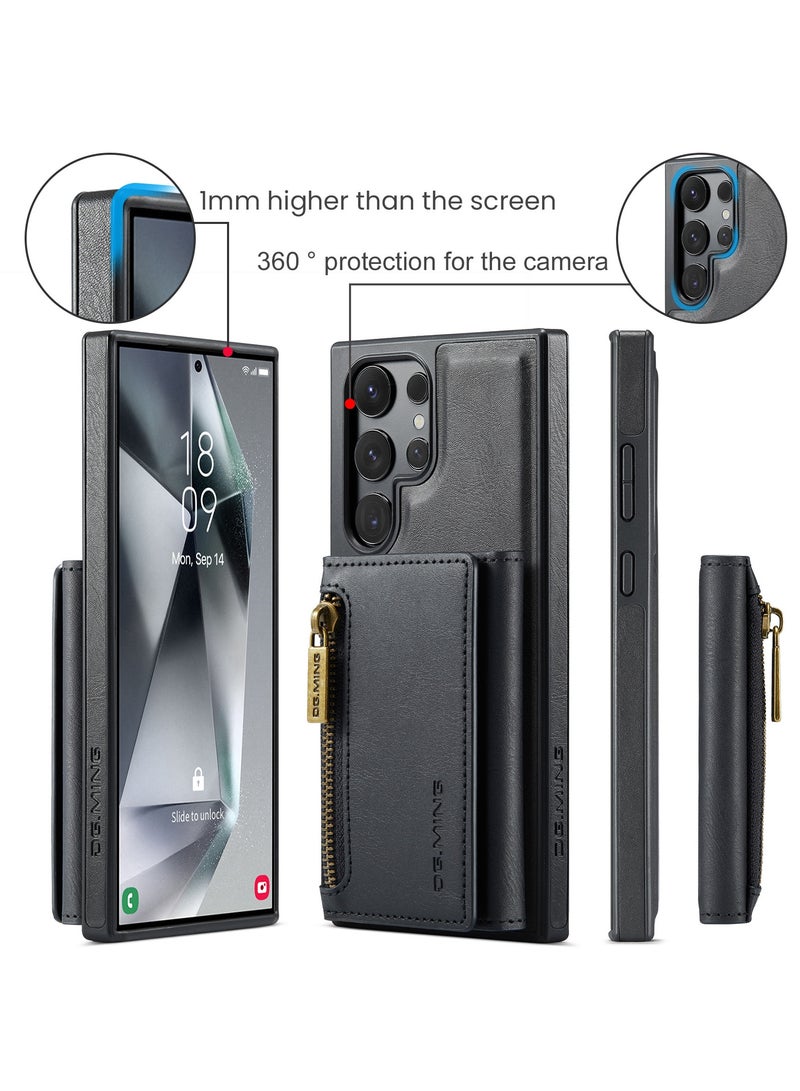 DGMING CaseMe Wallet Case for Samsung Galaxy S24 Ultra DGMING Premium Leather Phone Case Back Cover Magnetic Detachable with Trifold Wallet Card Holder Pocket - Black  - Image 2