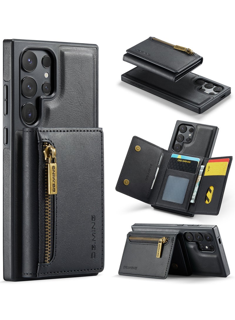 DGMING CaseMe Wallet Case for Samsung Galaxy S24 Ultra DGMING Premium Leather Phone Case Back Cover Magnetic Detachable with Trifold Wallet Card Holder Pocket - Black  - Image 1