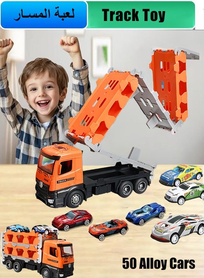 Race Car Track Toy, Carrier Truck Race Track Toys, Foldable 3 Layer Race Tracks Toy, Transport Car Carrier Toy, Container Truck Toy with 50 Alloy Cars, Ejection Truck Toy, Die-Cast Vehicle Playset for 3+ Kids Boys Girls  - Image 1