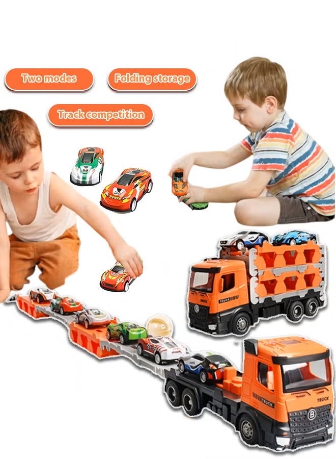 Race Car Track Toy, Carrier Truck Race Track Toys, Foldable 3 Layer Race Tracks Toy, Transport Car Carrier Toy, Container Truck Toy with 50 Alloy Cars, Ejection Truck Toy, Die-Cast Vehicle Playset for 3+ Kids Boys Girls  - Image 3