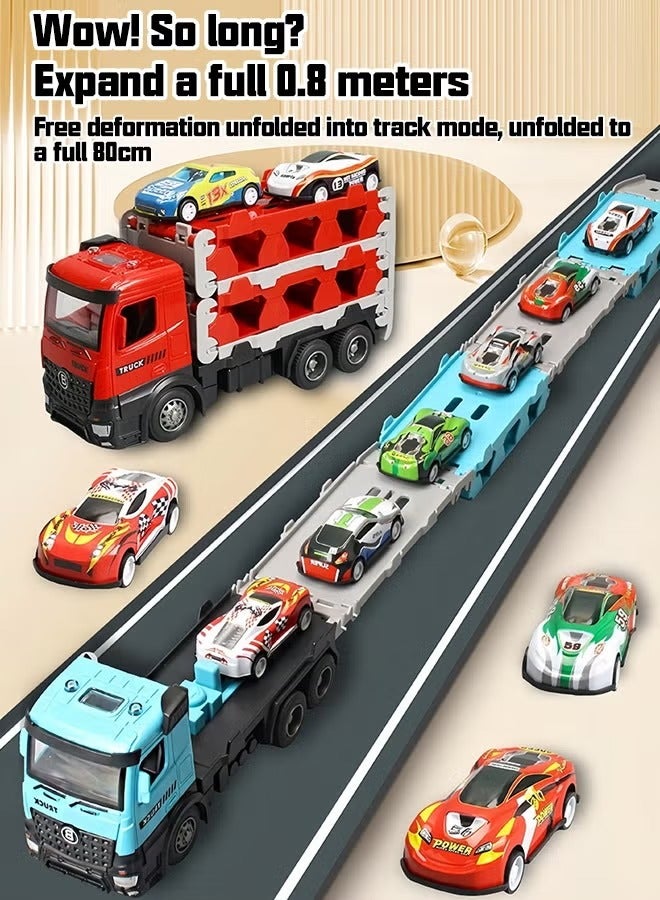 Race Car Track Toy, Carrier Truck Race Track Toys, Foldable 3 Layer Race Tracks Toy, Transport Car Carrier Toy, Container Truck Toy with 50 Alloy Cars, Ejection Truck Toy, Die-Cast Vehicle Playset for 3+ Kids Boys Girls  - Image 4
