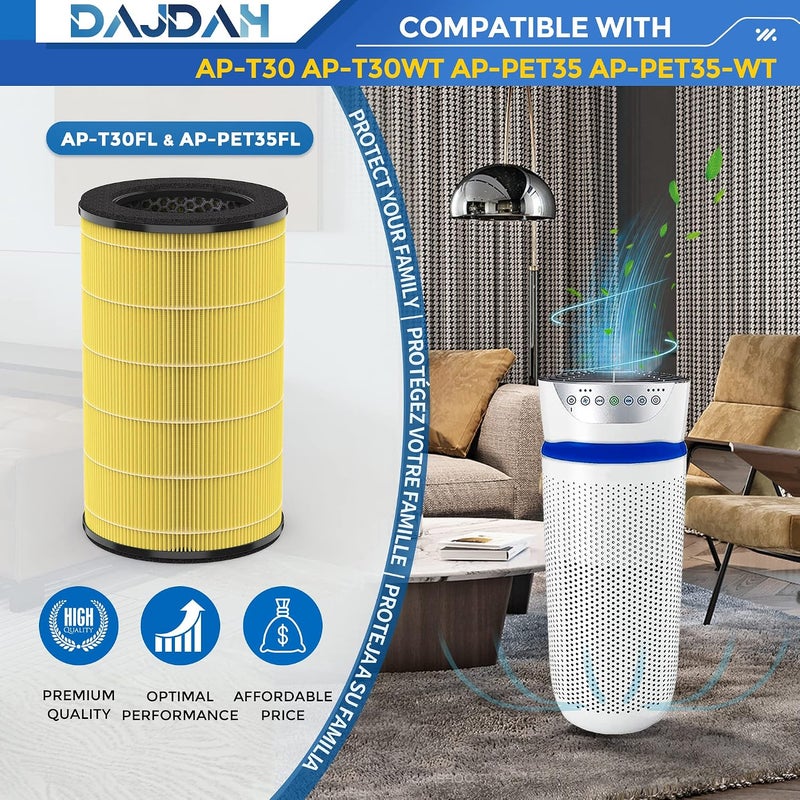 DAJDAH مرشح AP-T30FL/AP-PET35FL متوافق مع بديل جهاز تنقية الهواء Homedics، مرشح هواء 5 في 1 لجهاز Homedics Total Clean AP-T30، AP-T30WT، AP-PET35، AP-PET35-WT، كربون نشط، عدد 1 - Image 2