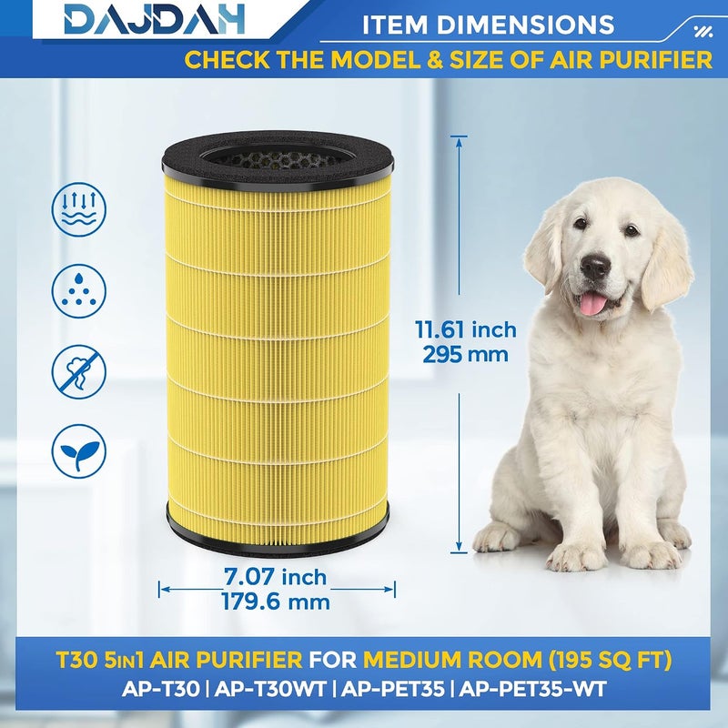 DAJDAH مرشح AP-T30FL/AP-PET35FL متوافق مع بديل جهاز تنقية الهواء Homedics، مرشح هواء 5 في 1 لجهاز Homedics Total Clean AP-T30، AP-T30WT، AP-PET35، AP-PET35-WT، كربون نشط، عدد 1 - Image 3