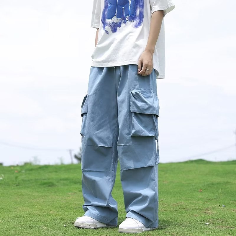 American Retro Straight Barrel Paratrooper Cute Pants Trendy Brand Men's and Women's New Loose Blue Wide Leg Pants Bloomers Trendy Men's Pants - Image 1