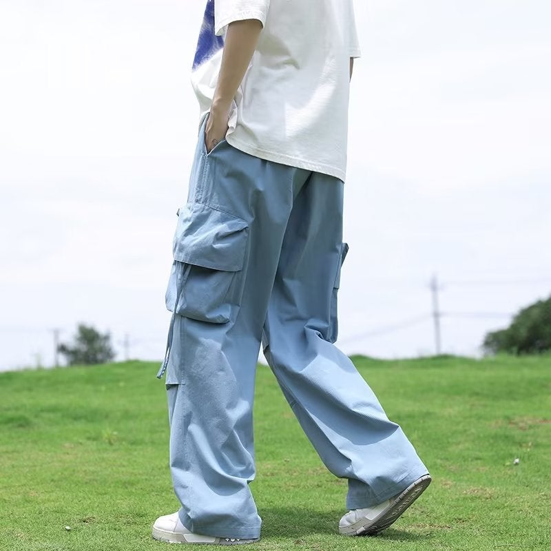 American Retro Straight Barrel Paratrooper Cute Pants Trendy Brand Men's and Women's New Loose Blue Wide Leg Pants Bloomers Trendy Men's Pants - Image 5