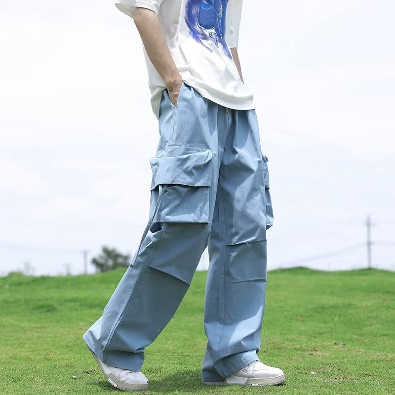 American Retro Straight Barrel Paratrooper Cute Pants Trendy Brand Men's and Women's New Loose Blue Wide Leg Pants Bloomers Trendy Men's Pants - Image 2