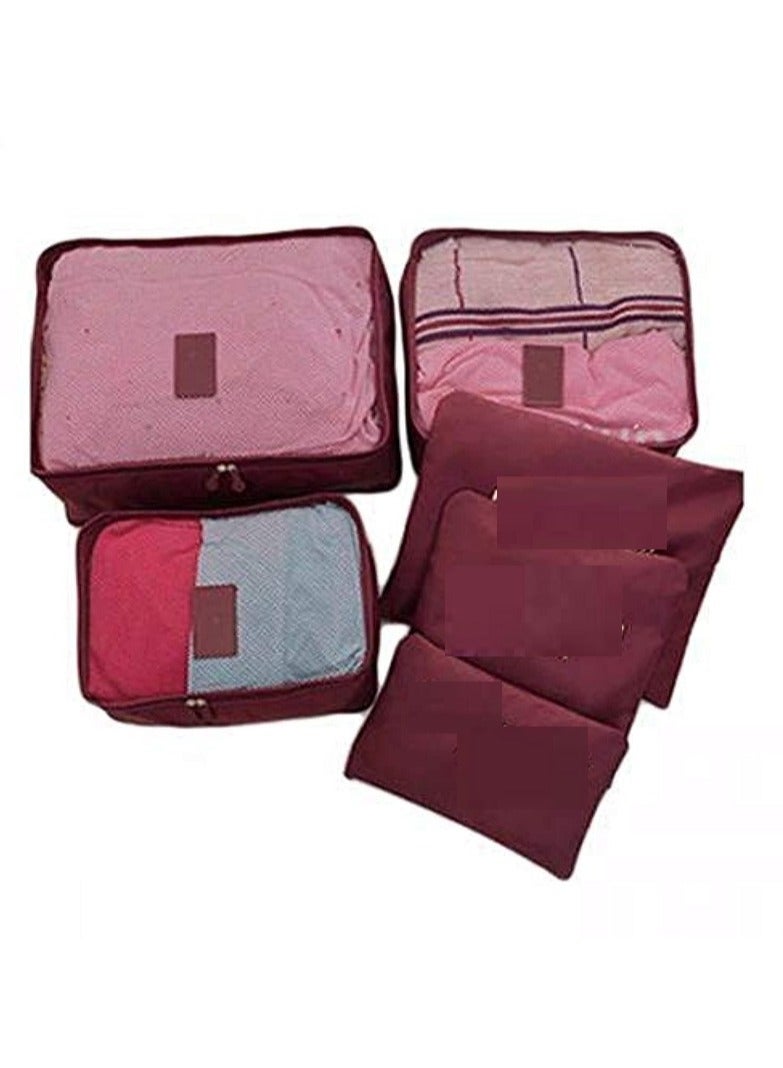 6 in 1 Travel Organizer Cube Bag for Clothes and Laundry Storage, Practical for Men and Women - Dark Red.