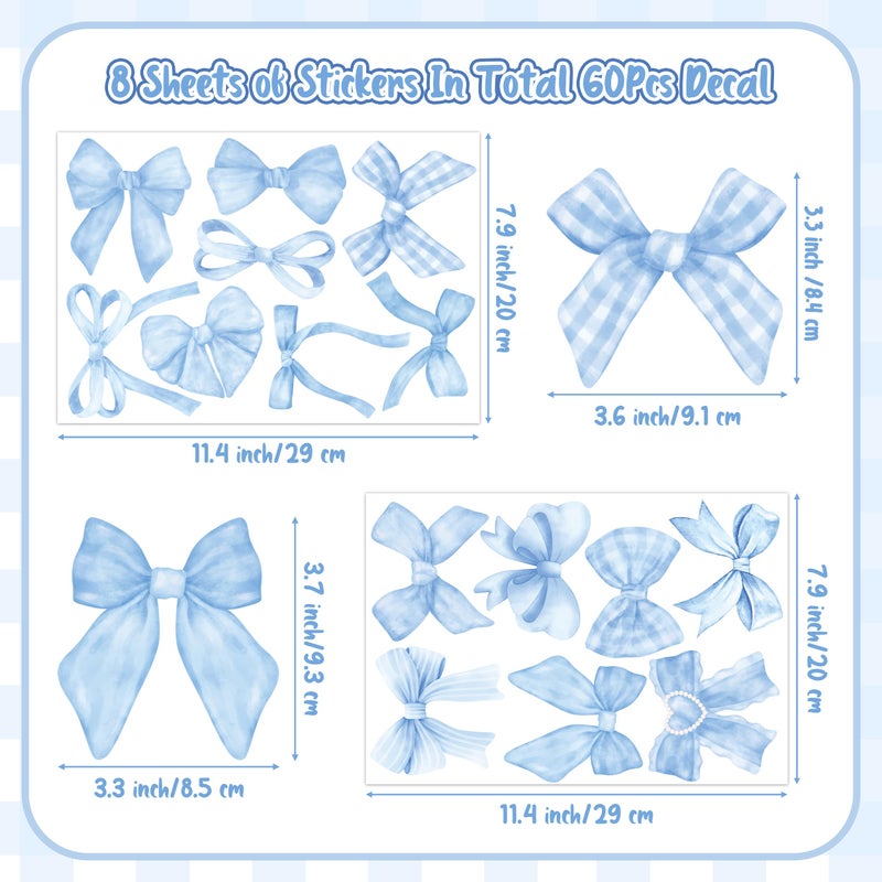 A1diee Blue Bow Wall Stickers - 60Pcs Trendy Light Blue Watercolor Coquette Aesthetic Wall Stickers Bow Knot Baby Room Decor Vinyl Decals Art Wallpaper for Boys Girls Bedroom Kindergarten Nursery - Image 3