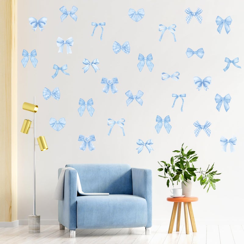 A1diee Blue Bow Wall Stickers - 60Pcs Trendy Light Blue Watercolor Coquette Aesthetic Wall Stickers Bow Knot Baby Room Decor Vinyl Decals Art Wallpaper for Boys Girls Bedroom Kindergarten Nursery - Image 1