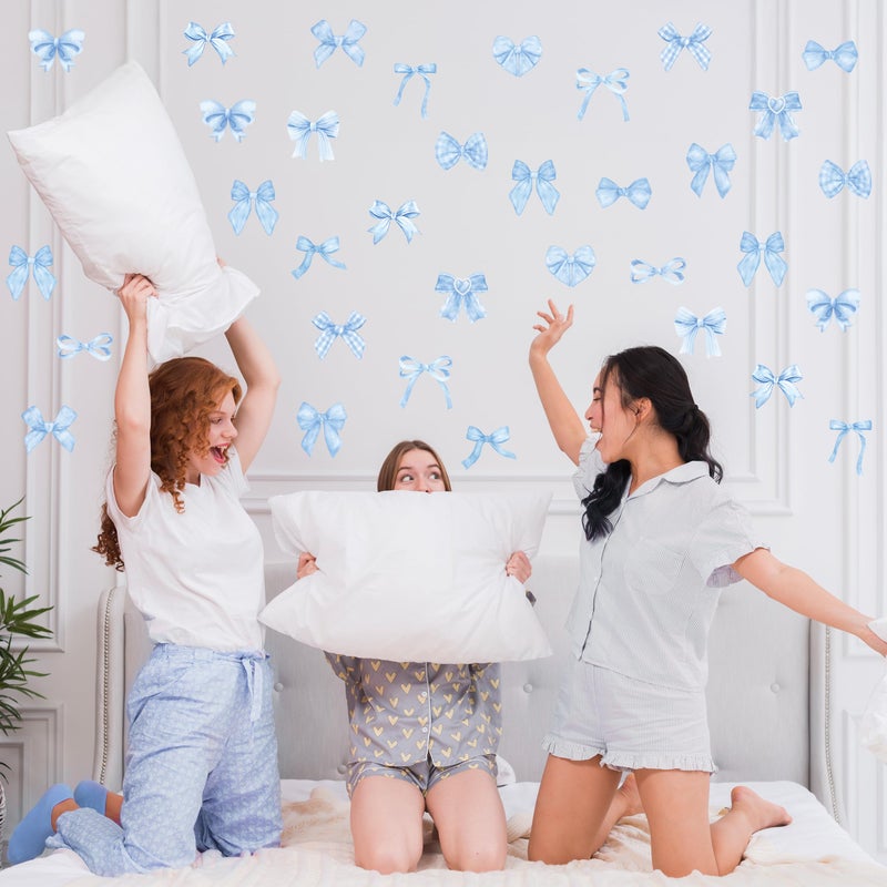 A1diee Blue Bow Wall Stickers - 60Pcs Trendy Light Blue Watercolor Coquette Aesthetic Wall Stickers Bow Knot Baby Room Decor Vinyl Decals Art Wallpaper for Boys Girls Bedroom Kindergarten Nursery - Image 4