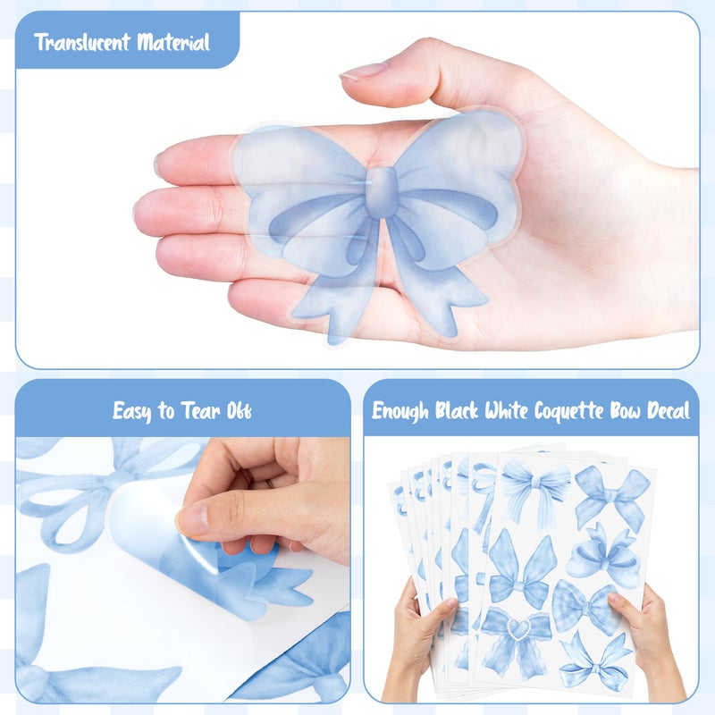 A1diee Blue Bow Wall Stickers - 60Pcs Trendy Light Blue Watercolor Coquette Aesthetic Wall Stickers Bow Knot Baby Room Decor Vinyl Decals Art Wallpaper for Boys Girls Bedroom Kindergarten Nursery - Image 2