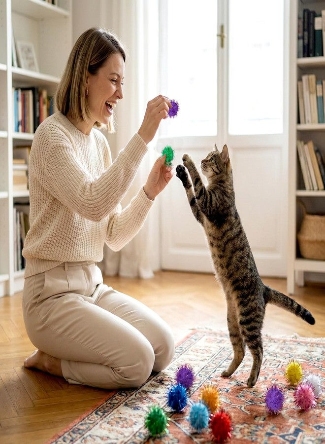Xosjska 70 Pack Assorted Color Sparkle Balls Cat Pom Pom Balls Interactive Cat Toys Soft Cats Puff Ball Glitter Tinsel Fuzzy Ball for Cats Creative Crafts Decorations, Exercise and Entertainment - Image 5