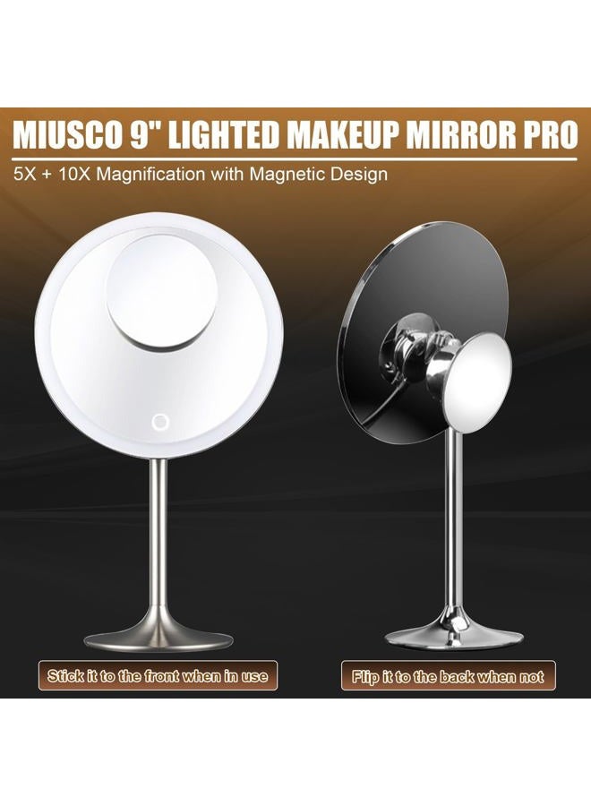 Miusco 9" Lighted Makeup Mirror Pro, 5X + 10X Magnification, Ultra Bright HD Lighting System, Rechargeable & Cordless, Adjustable Brightness, Touch Activated, Brush Stainless Steel - Image 2
