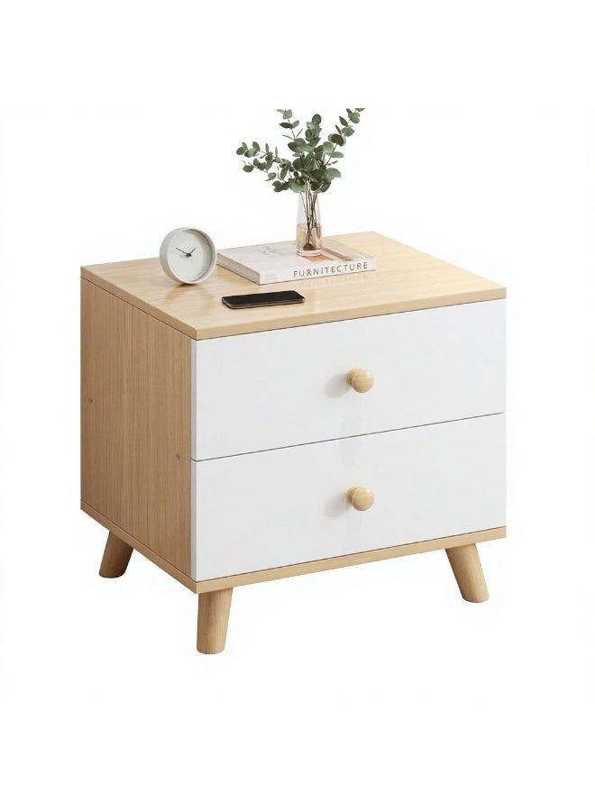 DubaiGallery Modern 2-Drawer Wooden Nightstand with White Fronts and Natural Finish – Stylish Bedside Storage Cabinet Elevate your bedroom décor with this elegant two-drawer nightstand, featuring a natural wood finish, smooth white drawer fronts, sturdy angled legs, compact design, and practical storage for everyday essentials. - Image 3