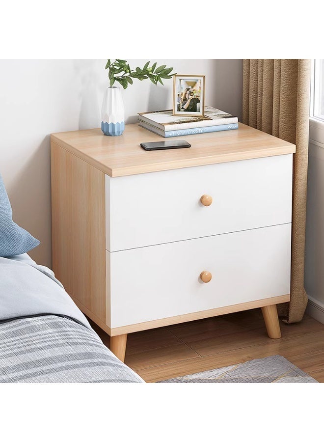 DubaiGallery Modern 2-Drawer Wooden Nightstand with White Fronts and Natural Finish – Stylish Bedside Storage Cabinet Elevate your bedroom décor with this elegant two-drawer nightstand, featuring a natural wood finish, smooth white drawer fronts, sturdy angled legs, compact design, and practical storage for everyday essentials. - Image 4
