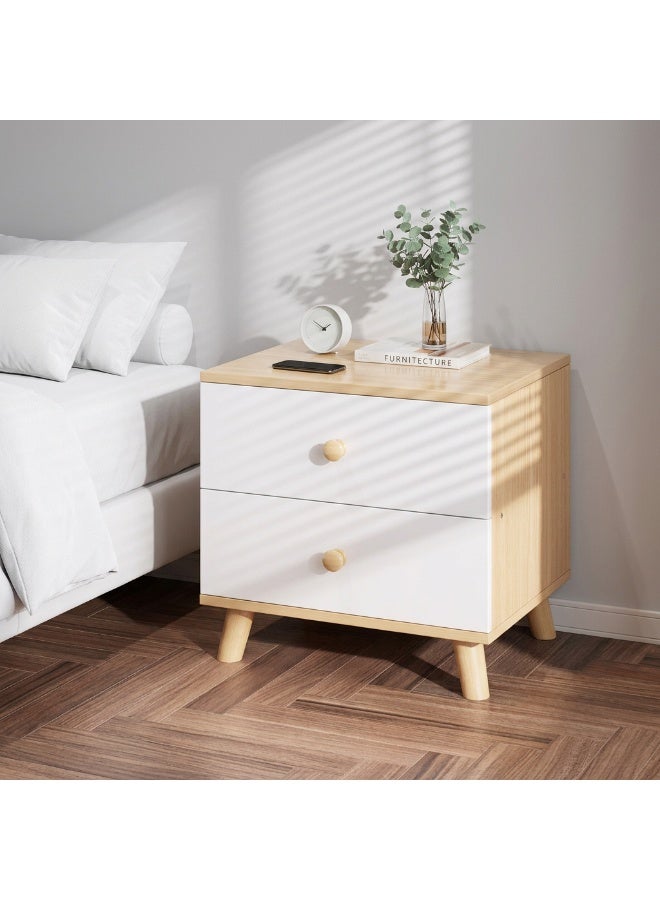 DubaiGallery Modern 2-Drawer Wooden Nightstand with White Fronts and Natural Finish – Stylish Bedside Storage Cabinet Elevate your bedroom décor with this elegant two-drawer nightstand, featuring a natural wood finish, smooth white drawer fronts, sturdy angled legs, compact design, and practical storage for everyday essentials. - Image 5