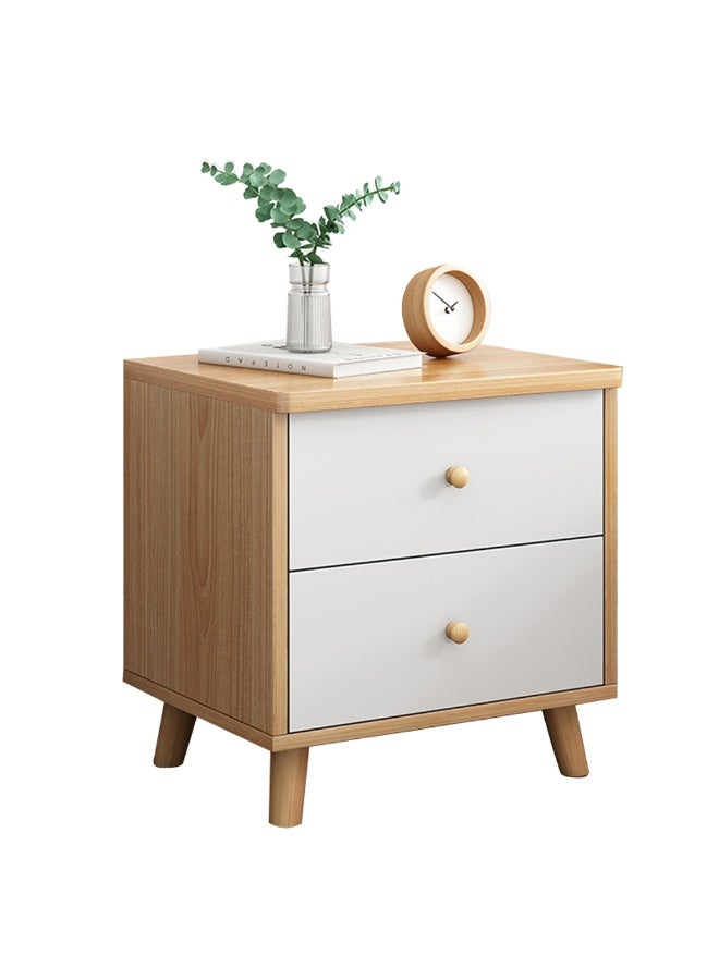 DubaiGallery Modern 2-Drawer Wooden Nightstand with White Fronts and Natural Finish – Stylish Bedside Storage Cabinet Elevate your bedroom décor with this elegant two-drawer nightstand, featuring a natural wood finish, smooth white drawer fronts, sturdy angled legs, compact design, and practical storage for everyday essentials. - Image 2
