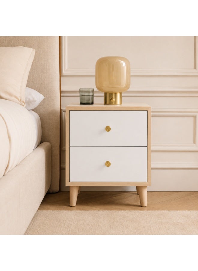 DubaiGallery Modern 2-Drawer Wooden Nightstand with White Fronts and Natural Finish – Stylish Bedside Storage Cabinet Elevate your bedroom décor with this elegant two-drawer nightstand, featuring a natural wood finish, smooth white drawer fronts, sturdy angled legs, compact design, and practical storage for everyday essentials. - Image 1