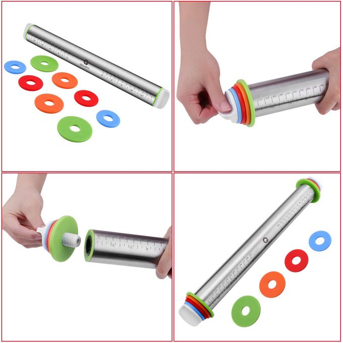 Quellance Rolling Pin and Pastry Baking Mat Set, Rolling Pins with Adjustable Thickness Rings, Stainless Steel Dough Roller for Baking Fondant, Pizza, Pie, Pastry, Pasta, Cookies (Black Mat) - Image 3