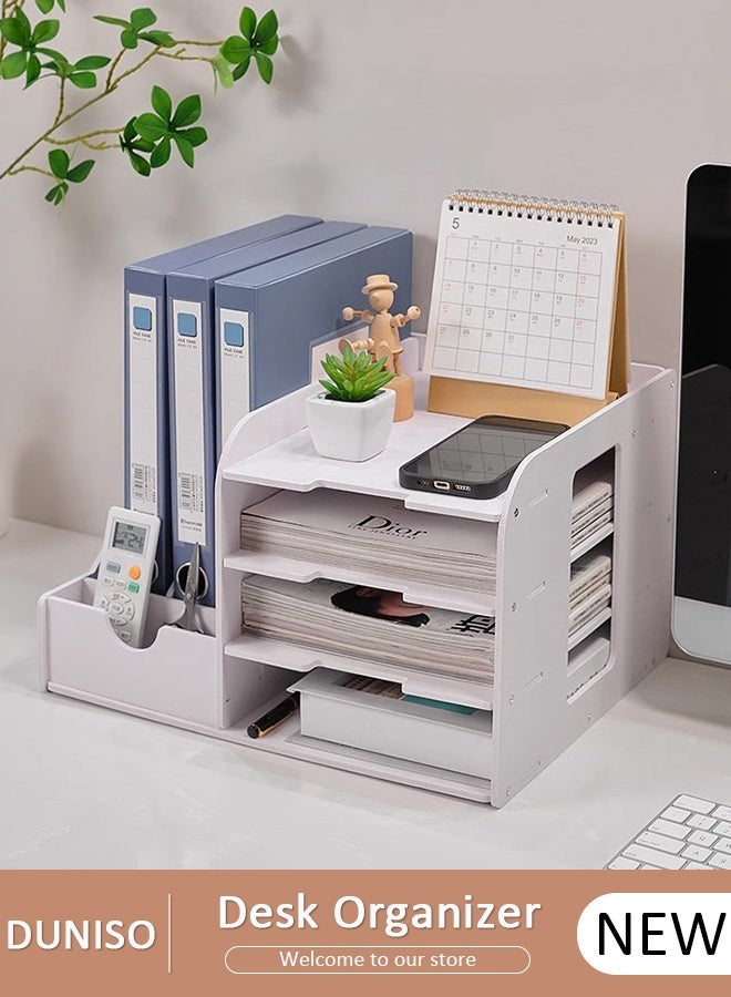 DUNISO Office Desk Organizer, Desktop File Organizer, Stationary Station Filer Tray, Home Office Supply Storage Rack, All in One Suction At The Bottom Office Desk Station - Image 1